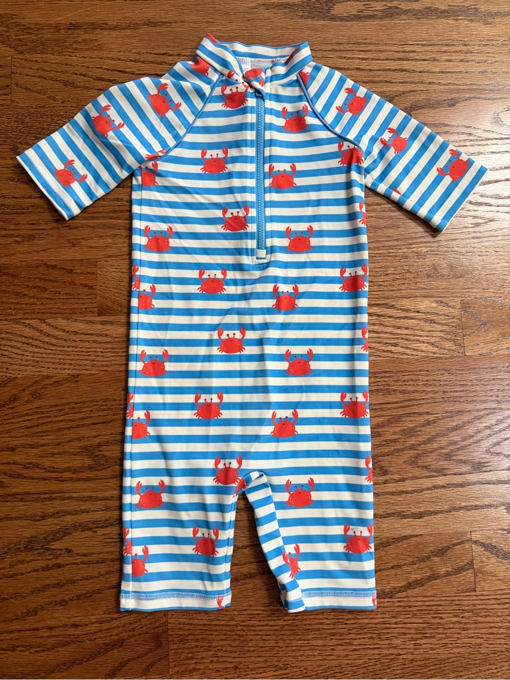 Baby Boden Blue & White Stripe Crab Print Baby Rashguard Romper